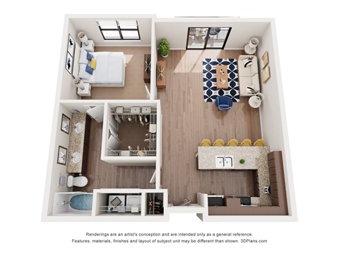 A 3D floor plan of a small apartment with a kitchen, living room, and bedrooms.